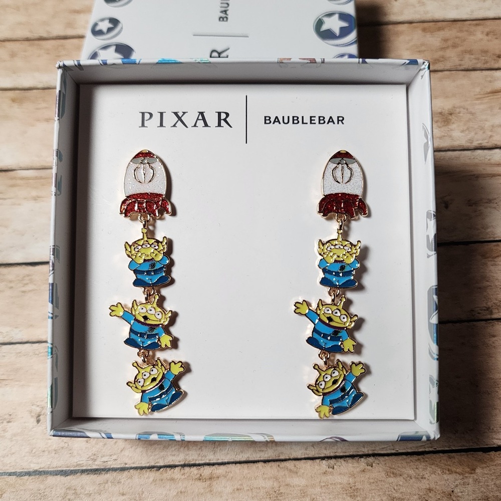 New BaubleBar Pixar Disney Toy Story Alien Dangle Earrings w/Rocketship NIB - Picture 2 of 3